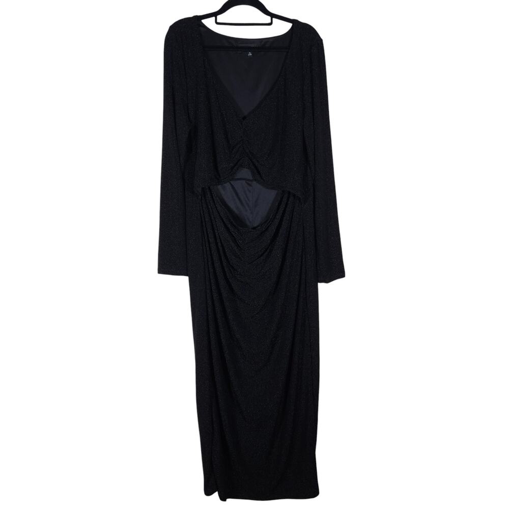 Eloquii Womens Dress 18 Black Metallic Long Sleeve Ruched Front Evening Gown
